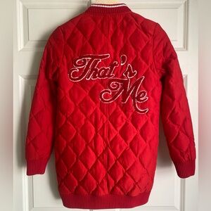 BSX Long Quilted Puffer Down Jacket Patches Women’s Size S Red Rebellion Cheffy